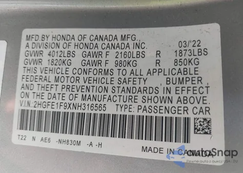 2022 Honda Civic Touring из США, поврежденный, VIN 2HGFE1F9XNH316565